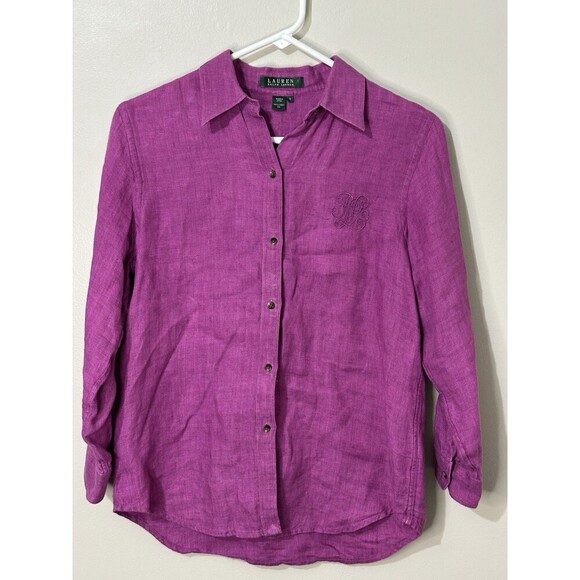 LRL‎ Ralph Lauren Embroidered Linen Crest Logo Shirt Top Purple Herringbone Sz S - Picture 1 of 8